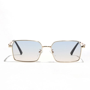 Men's square metal sunglasses with gold frame and blue to orange gradient lenses