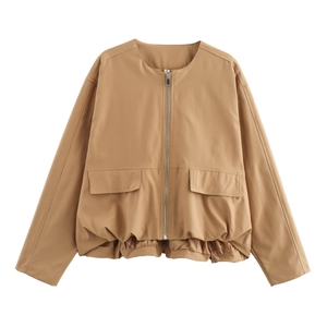 Detail view of khaki flight jacket featuring utility pockets and adjustable hem drawstring