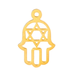 Detailed close-up of a golden stainless steel Hamsa hand pendant with hexagram cutout