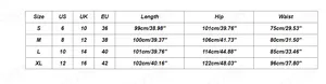 Size chart showing US UK EU dimensions for elegant ripped denim trousers and jeans