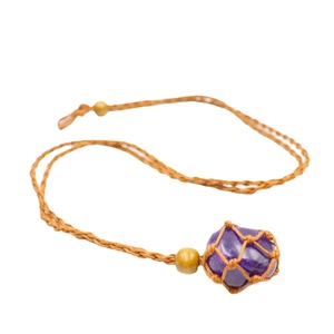 Handmade woven net necklace with natural raw purple amethyst stone and wooden bead accents