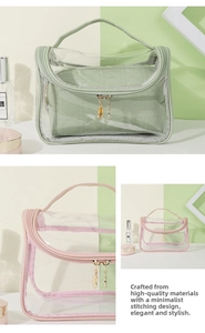 Detail of transparent waterproof makeup bag with heart zippers and mint quilted liner