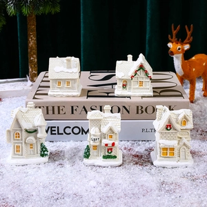 Miniature white glowing Christmas resin house set with 5 pieces for holiday decor