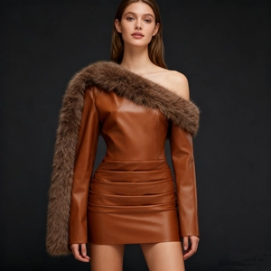 Détail d'une robe en cuir marron avec bordure en fausse fourrure à l'épaule et au col