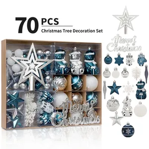 70 STK Blau Weiß Silber Weihnachtskugel Set Kunststoff Weihnachtsbaumspitze Stern Bemalt Glitzer Aufhänger Dekoration