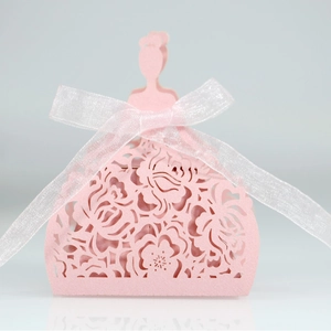 Pink princess dress wedding favor box with laser-cut hollow flowers and ribbon