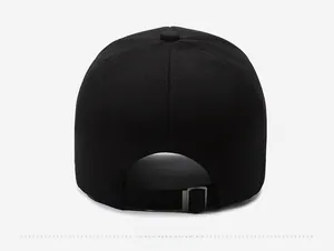 Detail view of black cotton baseball cap back with adjustable metal buckle