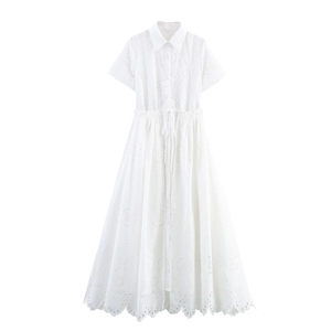 Women White Hollow Out Embroidery Maxi Dress Elegant French Style Short Sleeve Lapel Drawstring Waist Button Down Shirtdress