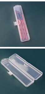 Detail of transparent makeup brush storage box with secure latch and hanging hook
