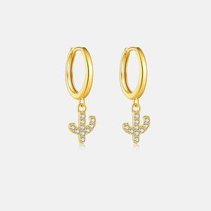 Detailed close-up of 18K gold plated cactus hoop earrings with sparkling zircon stones