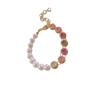 French vintage pearl necklace with colorful rhinestones and gold chain