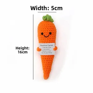 Detail of 16cm crochet positive carrot with green leaves and inspirational message card