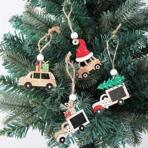 Creative wooden Christmas tree pendants featuring cartoon car designs for festive decor