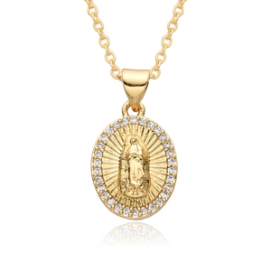 Gold religious Virgin Mary pendant necklace with oval zircon frame and 18k plated chain