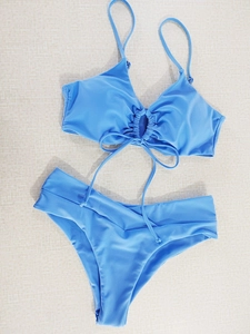 Sky blue two-piece bikini set with ruched drawstring detail and high-waisted bottoms