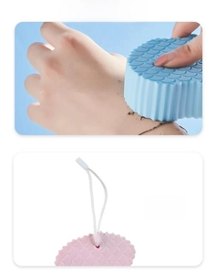 Detail of high-density bath sponge with fish scale texture and convenient hanging rope