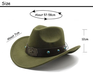 Detailed size chart of dark green wool cowboy hat with star studs and turquoise band