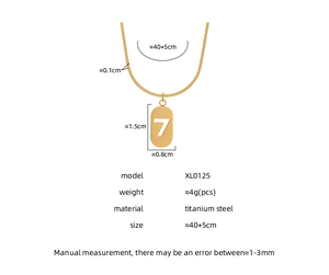 Detailed size specifications for gold number 7 pendant necklace in titanium steel