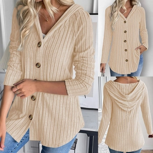 Cardigan da Donna Casual con Cappuccio a Costine Maglia con Bottoni a Manica Lunga Tinta Unita Giacca Autunno Inverno Moda