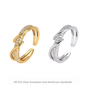 S925 Sterling Silver Zirconia Cross Over Wrap Open Ring Adjustable Minimalist Fashion Jewelry Gift For Women Gold Silver