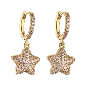 Luxury gold star drop earrings with pink micro-pave crystals on a white background