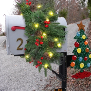 LED lighted Christmas mailbox swag with pine cones, red berries and green pine needles