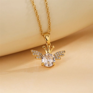 Angel Wing Crown Pendant Necklace Stainless Steel Chain Copper Inlaid Zircon Elegant Jewelry For Women