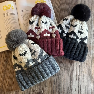 Vintage Pixel Geometric Knitted Beanie Hat With Large Faux Fur Pom-pom Warm Winter Skull Cap For Men Women Everyday Use