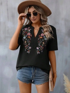 Black short-sleeve V-neck shirt for women featuring floral embroidery and lace trim details