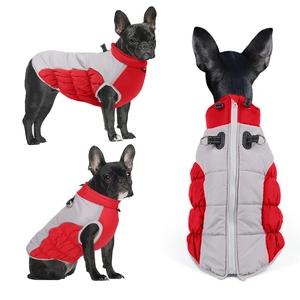 Winter waterproof dog jacket with red and grey quilting and built-in harness D-rings