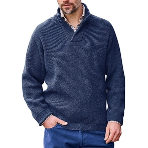 Men's solid color knit sweater with half-zip stand collar in deep blue loose fit