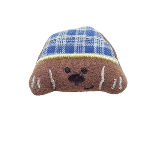 Cute brown cartoon bear fabric patch with blue plaid and yellow embroidered edges