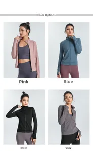 Color options of slim-fit yoga jackets with thumbholes in pink, blue, black, and grey