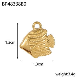 Detail view of gold-plated stainless steel fish tail pendant with size and weight specs