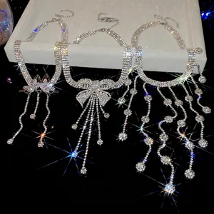 Luxury Butterfly Bowknot Tassel Choker Necklace Alloy Rhinestone Sparkling Elegant Party Jewelry For Women
