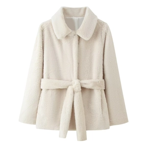 Women's Faux Fur Coat Elegant Belted Lapel Long Sleeve Plush Jacket Solid Color Warm Autumn Winter Outwear