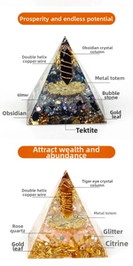 Detail view of Orgone pyramid with Obsidian, Tiger Eye and Copper Lotus energy symbols