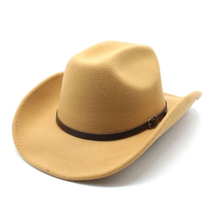 Detail of camel wool felt fedora featuring a vintage brown leather belt with metal buckle