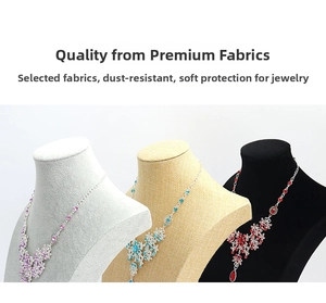 Detailed comparison of gray fabric, burlap, and black velvet necklace display busts