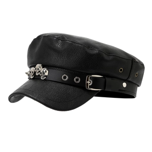 Punk black leather flat top military hat with silver skull and rivet decorations