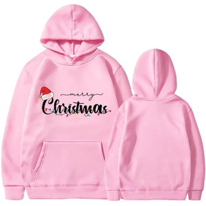 Pink Christmas long sleeve hoodie with Merry Christmas graphic print and kangaroo pocket