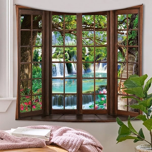 Detail showing a 3D window view wall tapestry with lush waterfalls and forest landscapes