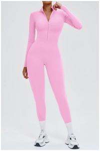 Pink long sleeve yoga bodysuit with stand collar and front zipper detail closeup