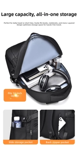 Detailed internal view of black backpack with 14 inch laptop compartment and side pocket