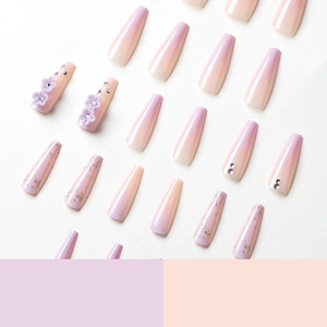 Purple gradient long coffin press-on nails with 3D flowers, rhinestones and gold foil
