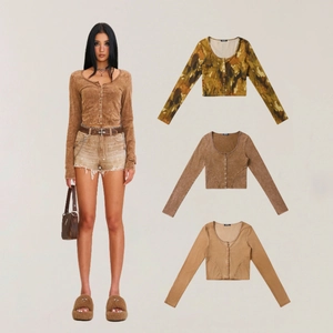 Cardigan Corto A Maniche Lunghe Da Donna In Maglia A Costine Di Cotone Scollo A U Vestibilità Slim Stile Vintage Y2K
