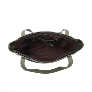 Vue de dessus du sac cabas vert foncé montrant l'intérieur spacieux et les poches zippées
