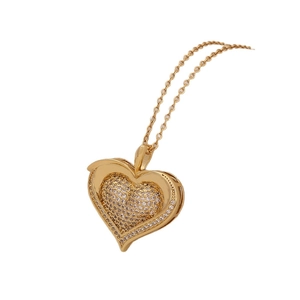 Elegant gold heart pendant necklace with micro-pave cubic zirconia on a white background