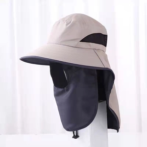 Detail showing khaki sun hat with grey face mask and breathable mesh for outdoors