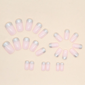 Medium square fake nails in light pink with glittery silver French tips, 24 piece set